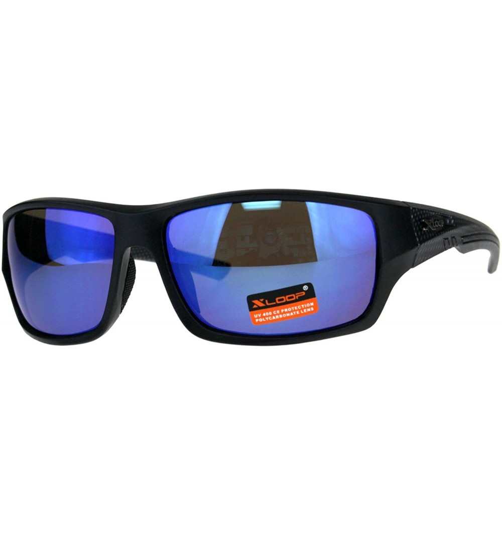 Wrap Xloop Mens Sunglasses Rectangular Wrap Around Frame Mirrored UV 400 - Matte Black (Blue Mirror) - CX18DTK4WRO $7.73