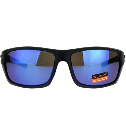 Wrap Xloop Mens Sunglasses Rectangular Wrap Around Frame Mirrored UV 400 - Matte Black (Blue Mirror) - CX18DTK4WRO $7.73