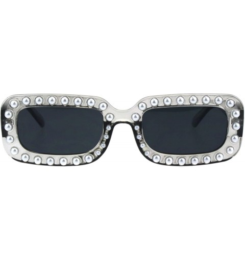 Rectangular Womens Pearl Jewel Plastic Narrow Rectangular Designer Mod Sunglasses - Clear Black - CQ18GELURRW $24.97