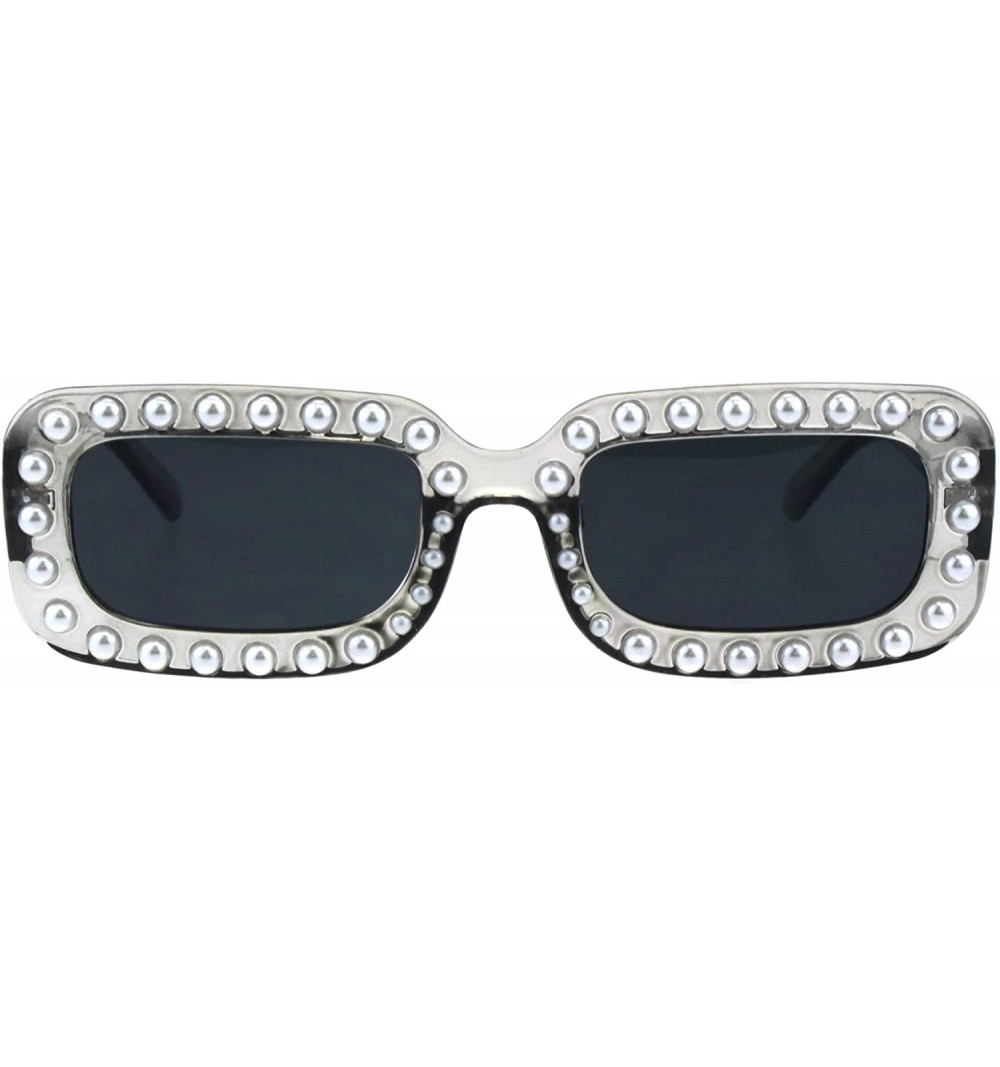 Rectangular Womens Pearl Jewel Plastic Narrow Rectangular Designer Mod Sunglasses - Clear Black - CQ18GELURRW $9.99