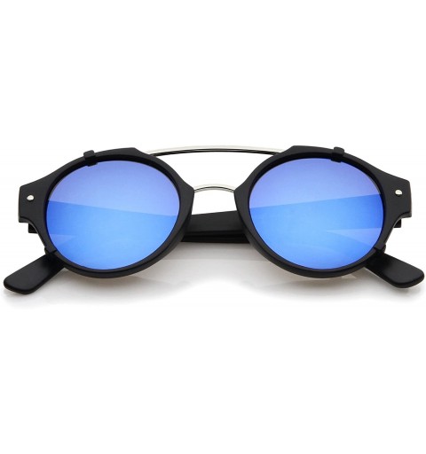 Round Modern Matte Finish Double Crossbar Mirrored Lens P3 Round Sunglasses 49mm - Black-silver / Blue Mirror - C012KCNPK97 $...