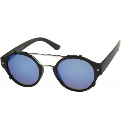 Round Modern Matte Finish Double Crossbar Mirrored Lens P3 Round Sunglasses 49mm - Black-silver / Blue Mirror - C012KCNPK97 $...