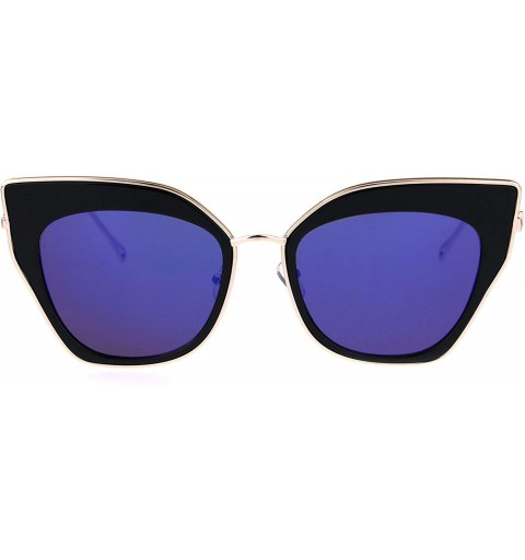 Cat Eye Womens Mirror Double Rim Squared Oversize Cat Eye Retro Sunglasses - Black Blue - CU17Z3O509L $11.11