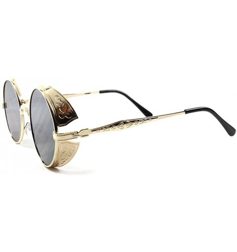 Shield Vintage Retro Side Shields Steampunk Round Sunglasses- Gold - CC188OQ9OI6 $25.35