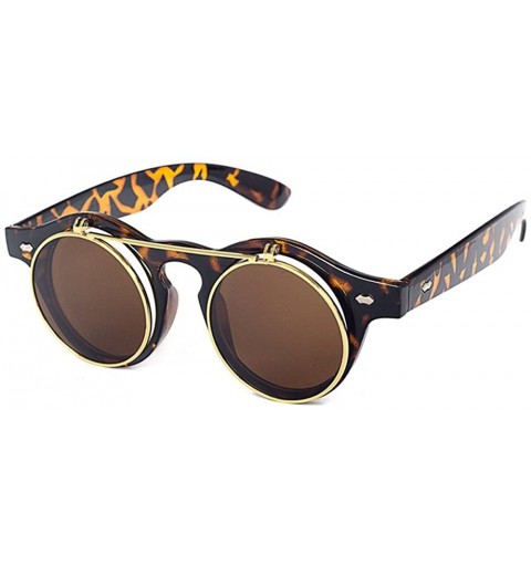 Round Unisex Metal Retro Steampunk Style Circle Sunglasses Round Lens Flip up Men Women - Leopard(frame)-brown(lens) - CI18C4...
