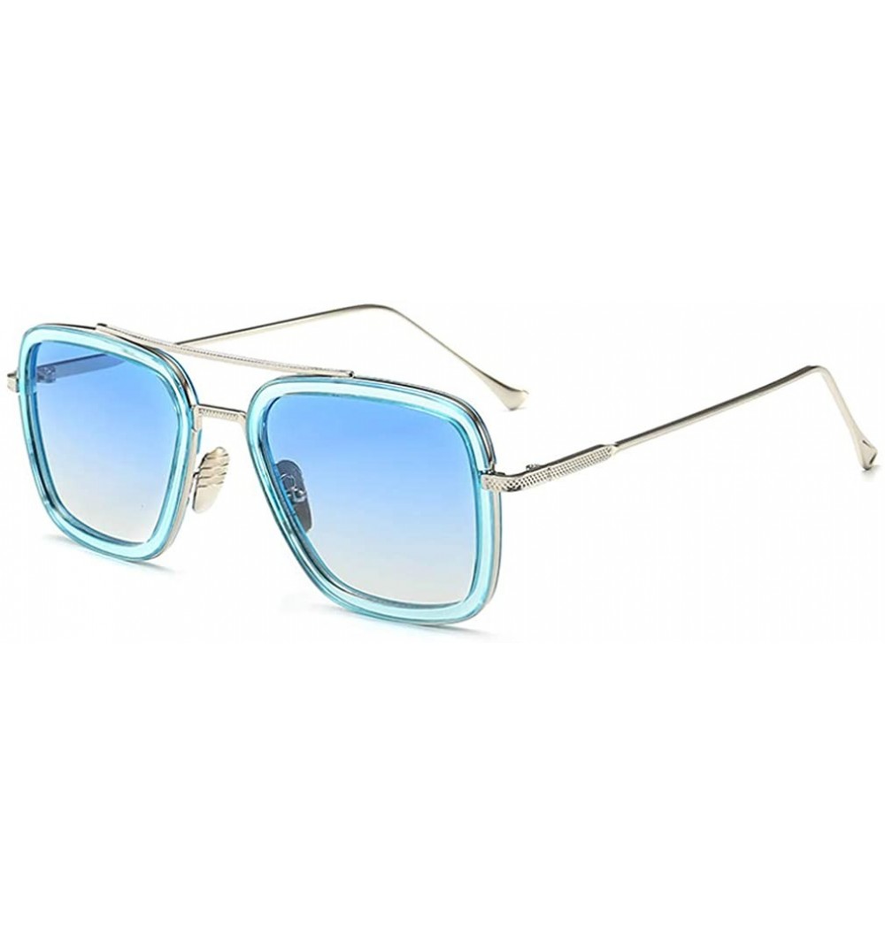 Square Iron Man Tony Stark Sunglasses Retro Aviator Square Metal Frame for Men Women - Gradient Blue - CY18T9382O9 $10.44