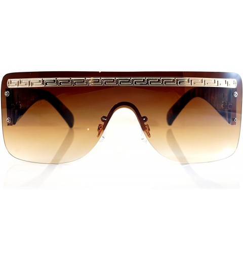 Oversized Ultimate Hip Hop Pattern Gold Flat Top Shield Sunglasses A076 - Brown/ Brown - CX189RITLQS $11.96