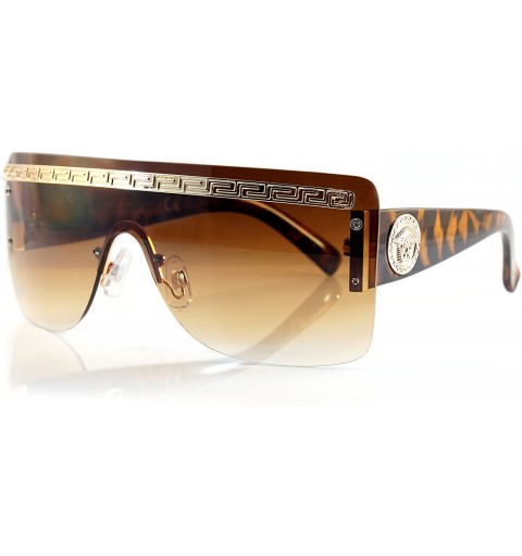 Oversized Ultimate Hip Hop Pattern Gold Flat Top Shield Sunglasses A076 - Brown/ Brown - CX189RITLQS $11.96
