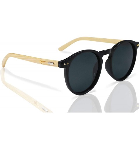 Oversized Polarized Round Bamboo Sunglasses for Men and Women - UV Protection with Wooden Arms - Black Solid - CI189NSQHAN $2...