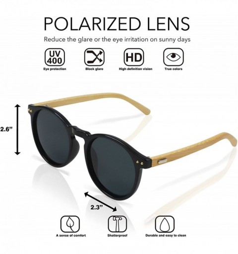 Oversized Polarized Round Bamboo Sunglasses for Men and Women - UV Protection with Wooden Arms - Black Solid - CI189NSQHAN $1...