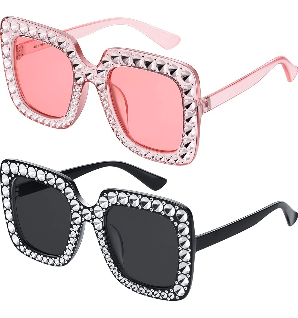 Oversized Oversize Square Sparkling Sunglasses Retro Thick Frame Sunglasses (Clear Pink - Black - 2 Pieces) - C118AQUNYZT $12.46