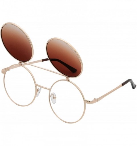 Round Retro Flip-Up Round Goggles Seampunk Sunglasses - Golden-amber - CO185UG3KGR $13.90