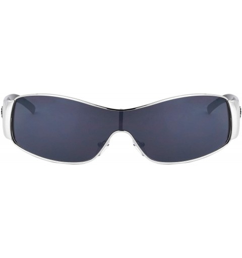 Shield Wide Curved Top Bar One Piece Shield Lens Sunglasses - Black Silver - CB199D5KZ97 $23.58