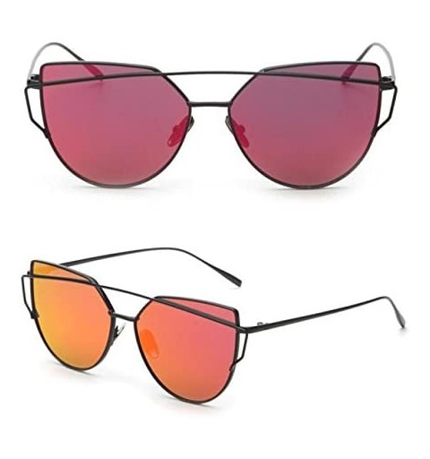 Goggle Fashion Twin-Beams Classic Women Metal Frame Mirror Sunglasses Cat Eye - 6161rd - CZ18RS4OZ3K $12.88
