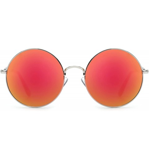 Round Retro Polarized Round Sunglasses for Men Women Circle Lens Metal Frame - Silver Frame / Polarized Flash Red Lens - C619...