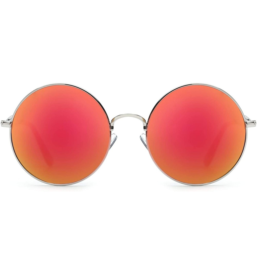 Round Retro Polarized Round Sunglasses for Men Women Circle Lens Metal Frame - Silver Frame / Polarized Flash Red Lens - C619...