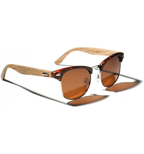 Round Semi Rimless Sunglasses for Women Men Wood Temple Polarized Classic Half Frame Sun Glasses - Leopard(tawny Lens) - CI18...