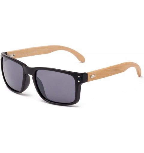 Round "Camarillo" Flat Top Squared Design Fashion Real Bamboo Sunglasses - Matte Black/Light Bamboo - C912M1OCAQ5 $26.82