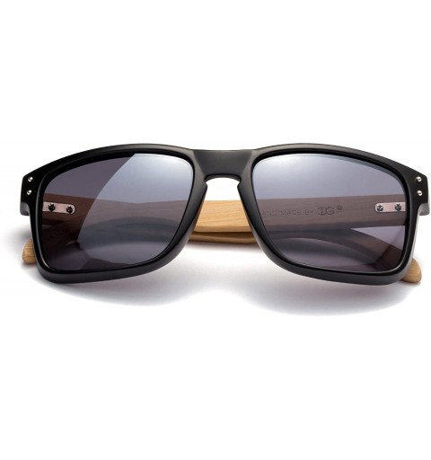 Round "Camarillo" Flat Top Squared Design Fashion Real Bamboo Sunglasses - Matte Black/Light Bamboo - C912M1OCAQ5 $25.26