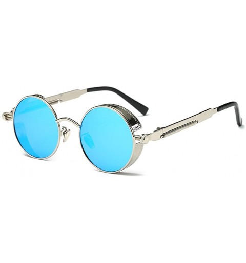Round Men Women Retro Polarized Glasses Punk Round Metal UV400 Eyewear Sunglasses - Silver + Blue - C91884LT3QD $21.79