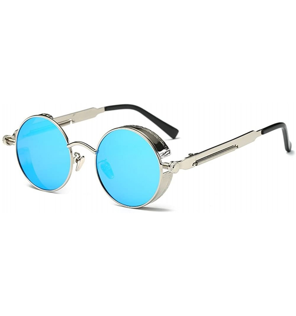 Round Men Women Retro Polarized Glasses Punk Round Metal UV400 Eyewear Sunglasses - Silver + Blue - C91884LT3QD $10.77