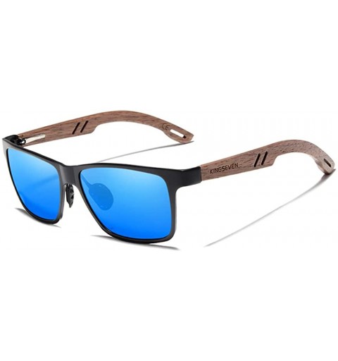 Rectangular Genuine adjustable sunglasses Square men polarized UV400 Al-Mg And Walnut Wood - Black/Blue - CM18X4IO4RY $29.92