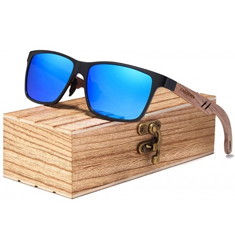 Rectangular Genuine adjustable sunglasses Square men polarized UV400 Al-Mg And Walnut Wood - Black/Blue - CM18X4IO4RY $29.92