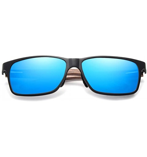 Rectangular Genuine adjustable sunglasses Square men polarized UV400 Al-Mg And Walnut Wood - Black/Blue - CM18X4IO4RY $29.92