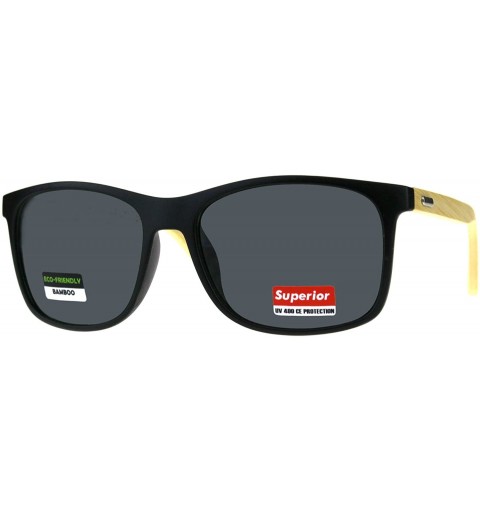 Square Real Bamboo Wood Temple Sunglasses Classic Square Unisex Frame - Shiny Black (Black) - C418DTIKX6W $13.22