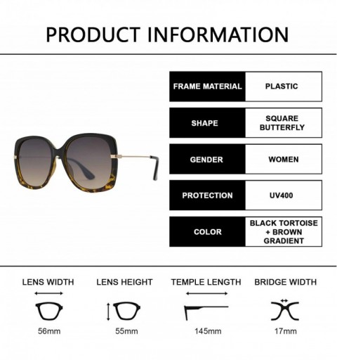 Square Retro Square Butterfly Sunglasses for Women UV Protection - Black Tortoise + Brown Gradient - CT1960REO62 $10.85