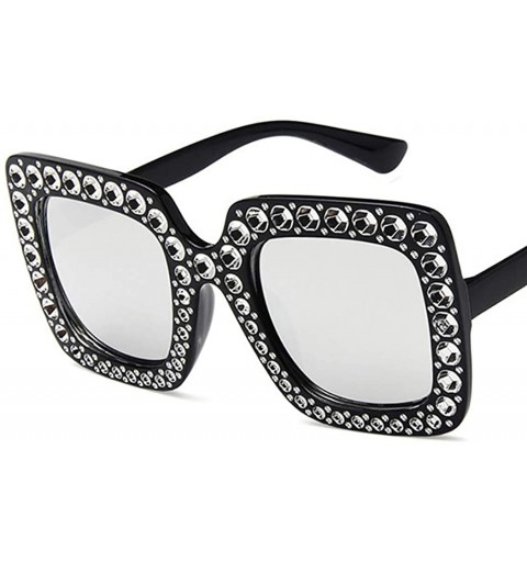 Square Women Fashion Square Frame Rhinestone Decor Sunglasses Sunglasses - Black Silver - CG199RYN9KQ $8.82