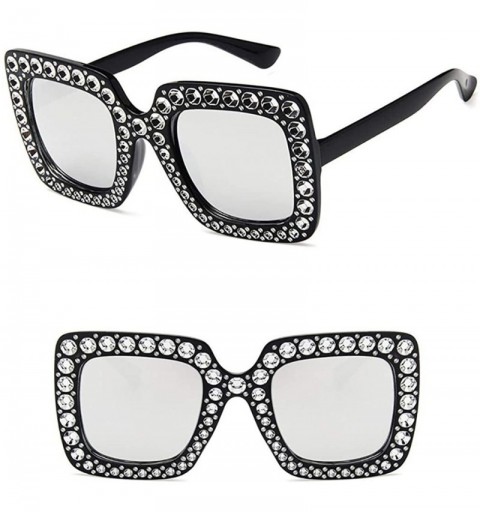 Square Women Fashion Square Frame Rhinestone Decor Sunglasses Sunglasses - Black Silver - CG199RYN9KQ $8.82