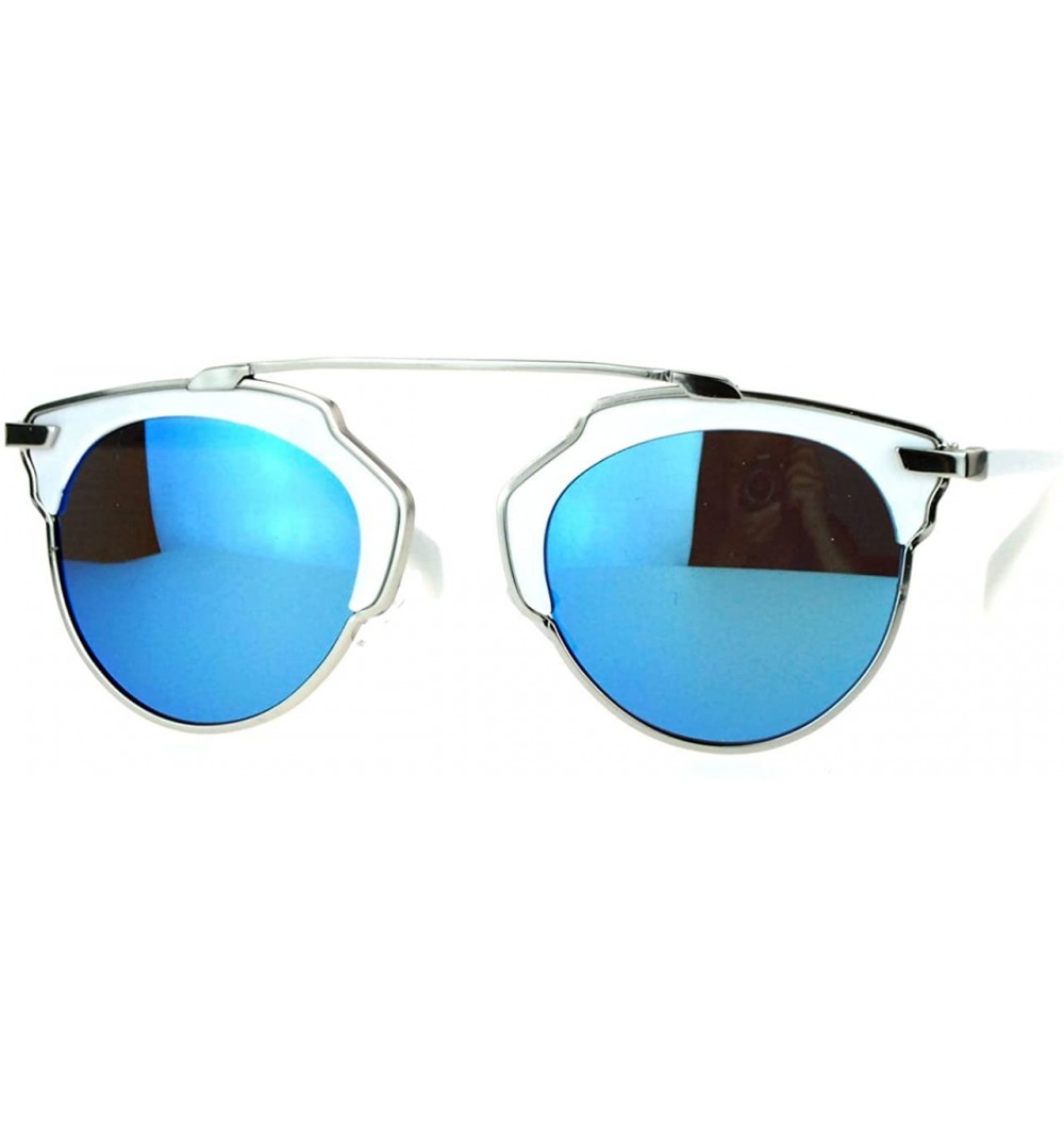 Round Designer Fashion Sunglasses Top Bar Bridge Mirror Lens Retro Chic - Silver White - CX12B4NXDZH $12.40