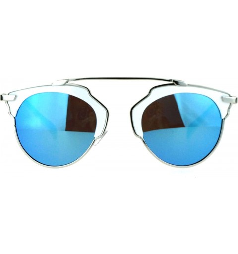 Round Designer Fashion Sunglasses Top Bar Bridge Mirror Lens Retro Chic - Silver White - CX12B4NXDZH $12.40