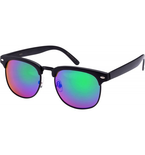 Rimless Retro Inspired Half Frame Sunglasses w/Color Mirror Lens 540916-REV - Matte Black/Green Lens - CX12F0H4FR3 $10.17