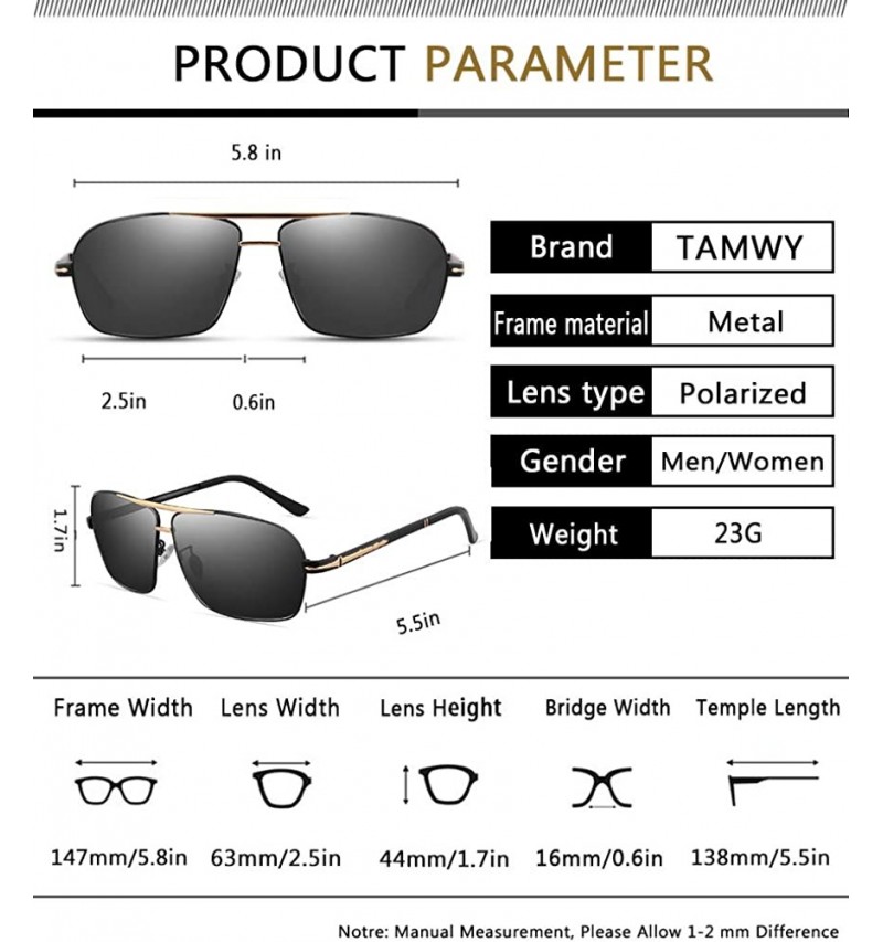 Mens Polarized Sunglasses 100% UV Protection Metal Frame Rectangular ...