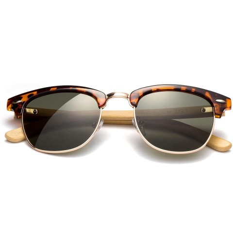 Round "Topline" Vintage Design Fashion Sunglasses Real Bamboo - Tortoise/Gold - CM12M1OC8EF $15.08