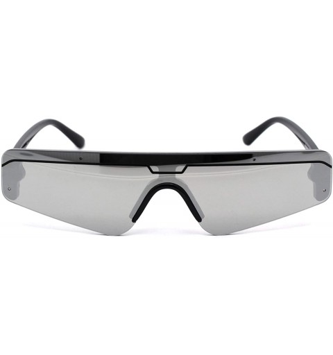 Shield Retro Futurism Flat Top Narrow Shield Plastic Sunglasses - Black Silver Mirror - CM18X4S7527 $9.33