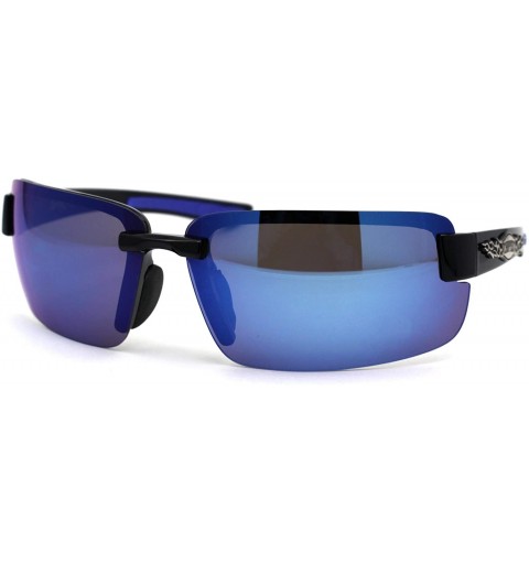 Sport Mens Biker Exposed Lens Rectangular Motorcycle Sunglasses - Black Blue Blue Mirror - CH195E5O8NA $25.12
