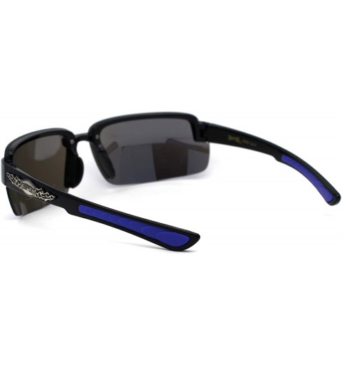 Sport Mens Biker Exposed Lens Rectangular Motorcycle Sunglasses - Black Blue Blue Mirror - CH195E5O8NA $12.56