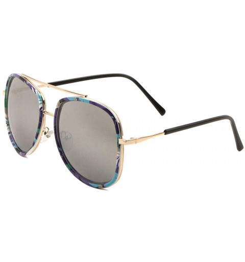 Aviator Color Mirror Double Plastic Metal Rim Flower Print Frame Square Aviator Sunglasses - Grey - CM190O2LRXU $12.13