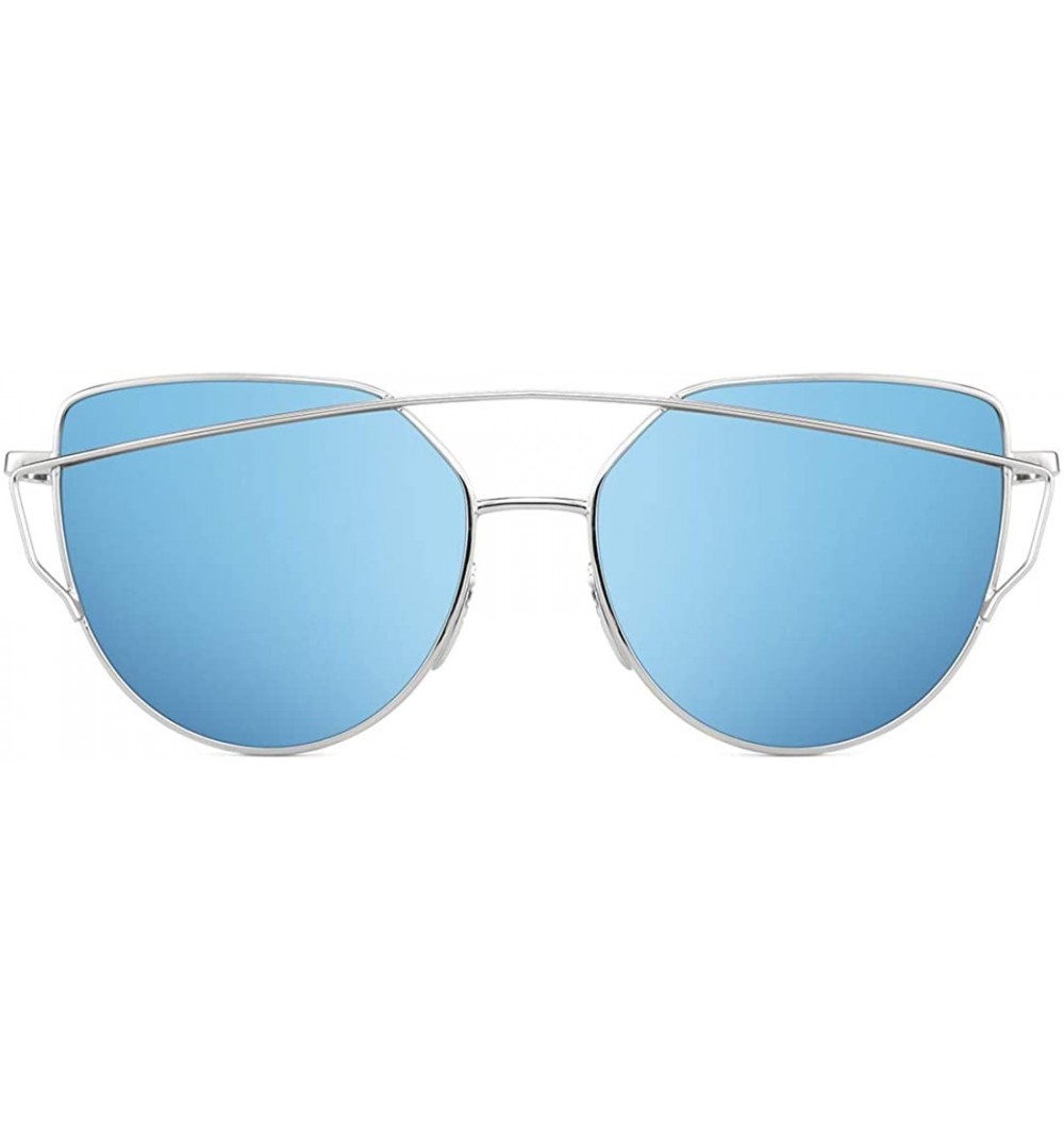 Oversized Fashion Cat Eye Sunglasses for Women Flat Lenses Metal Frame UV400 Protection - Blue Reflective - CN18RR2KAAI $8.83