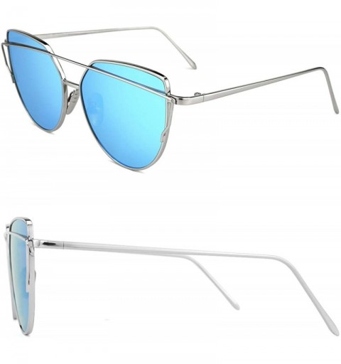 Oversized Fashion Cat Eye Sunglasses for Women Flat Lenses Metal Frame UV400 Protection - Blue Reflective - CN18RR2KAAI $8.83