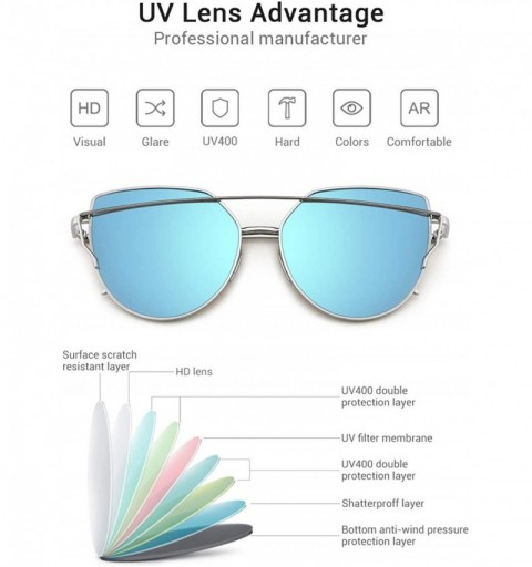 Oversized Fashion Cat Eye Sunglasses for Women Flat Lenses Metal Frame UV400 Protection - Blue Reflective - CN18RR2KAAI $8.83