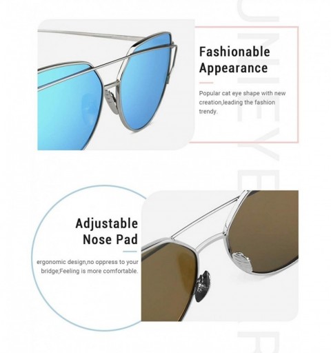 Oversized Fashion Cat Eye Sunglasses for Women Flat Lenses Metal Frame UV400 Protection - Blue Reflective - CN18RR2KAAI $8.83