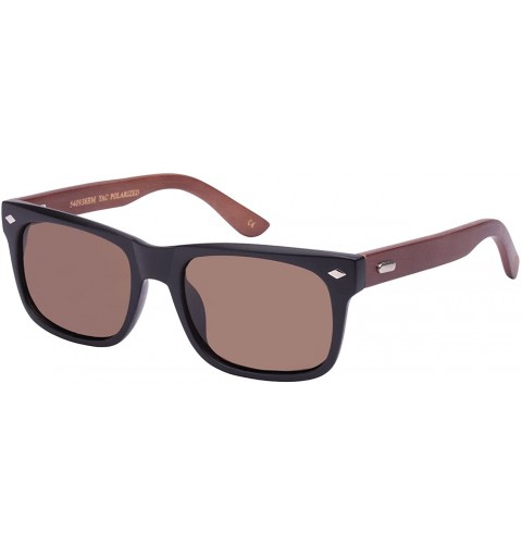 Rectangular Retro Horned Rim Style Bamboo Sunglasses Polarized Lenses 540938BM-P - Matte Black+coffee Wood/Brown Lens - CM124...