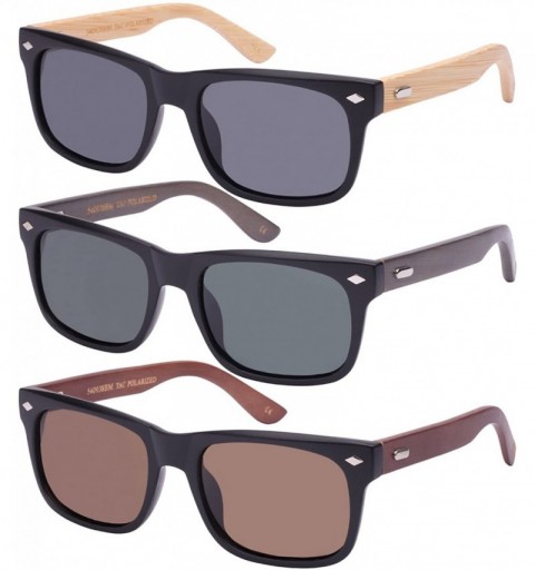 Rectangular Retro Horned Rim Style Bamboo Sunglasses Polarized Lenses 540938BM-P - Matte Black+coffee Wood/Brown Lens - CM124...