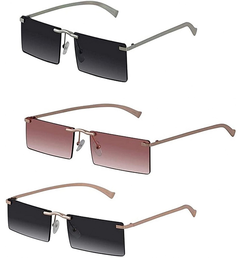 Rimless Rectangle Rimless Metal Frame Retro Sunglasses Fashion Men Women Glasses - 3 Pack Silver/Black- Pink- Gold/Black - CU...