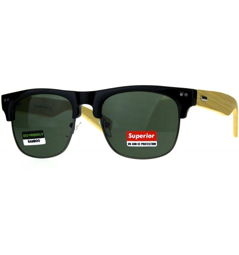 Rectangular Mens Bamboo Wood Arm Half Rim Hipster Sunglasses - Black Green - CR180UMMON8 $10.25