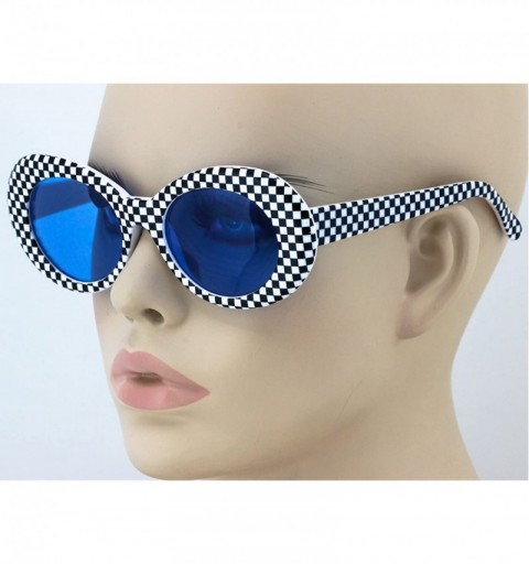 Goggle Bold Retro Oval Mod Thick Frame Sunglasses Clout Goggles with Round Lens - Checkered - Blue Lens - CV18676YSQS $7.43